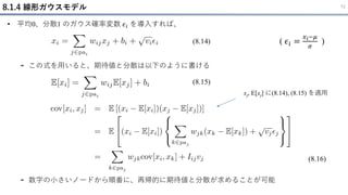 8.1.4 線形ガウスモデル 12
• 平均0、分散1 のガウス確率変数 𝜖𝑖 を導入すれば、
- この式を用いると、期待値と分散は以下のように書ける
- 数字の小さいノードから順番に、再帰的に期待値と分散が求めることが可能
(8.14) ( 𝜖𝑖 =
𝑥𝑖−𝜇
𝜎
)
(8.15)
(8.16)
xj, E[xj] に(8.14), (8.15) を適用
 