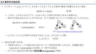 8.2 条件付き独立性 16
• 3 つのノード a, b, c について、b があってもなくても a の条件付確率に影響を与えない場合、
- これを、c が与えられた下で、a は b に対して条件付き独立であると表現する。
- 条件付き独立性を示すことができれば、グラフ表現においてリンクを減らすことができる。
- c に対して a と b が条件付き独立であることは、以下のように書く
(8.20)
𝑝 𝑎 𝑏, 𝑐 = 𝑝(𝑎|𝑐)
𝑝 𝑎, 𝑏 𝑐 = 𝑝 𝑎 𝑏, 𝑐 𝑝 𝑏 𝑐
= 𝑝 𝑎 𝑐 𝑝 𝑏 𝑐 (8.21)
引用：https://www.slideshare.net/antiplastics/prml8
(8.22)
• 独立性を調べる方法
- 可能性のあるノードの組み合わせ全てについて独立性を調べられるが、計算量が膨大
➢𝑝 𝑎, 𝑏 𝑐 と𝑝 𝑎 𝑐 𝑝(𝑏|𝑐) を計算して一致すれば独立
- グラフから独立性を読み取る有向分離 (d-separation) が便利
 
