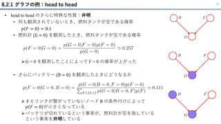 8.2.1 グラフの例：head to head 21
• head to head のさらに特殊な性質：弁明
- 何も観測されていないとき、燃料タンクが空である確率
𝑝 𝐹 = 0 = 0.1
- 燃料計 (G = 0) を観測したとき、燃料タンクが空である確率
➢G = 0 を観測したことによって F = 0 の確率が上がった
- さらにバッテリー (B = 0) を観測したときにどうなるか
➢ F とリンクが繋がっていないノード B の条件付けによって
𝑝 𝐹 = 0 が小さくなっている
➢バッテリが切れているという事実が、燃料計が空を指している
という事実を弁明している
 