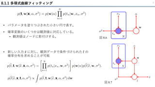 8.1.1 多項式曲線フィッティング 7
• パラメータを塗りつぶされた小さい円で表す。
図 8.6
図 8.7
• 確率変数のいくつかは観測値に対応している。
- 観測値はノードに影付けする。
• 新しい入力 ො
𝑥 に対し、観測データで条件づけられた Ƹ
𝑡 の
確率分布を求めることが可能
 