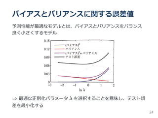 バイアスとバリアンスに関する誤差値
予測性能が最適なモデルとは、バイアスとバリアンスをバランス
良く小さくするモデル
⇒ 最適な正則化パラメータ λ を選択することを意味し、テスト誤
差を最小化する
24
 