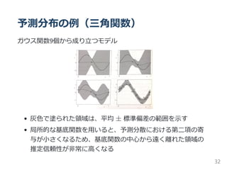 予測分布の例（三角関数）
ガウス関数9個から成り立つモデル
灰色で塗られた領域は、平均 ± 標準偏差の範囲を示す
局所的な基底関数を用いると、予測分散における第二項の寄
与が小さくなるため、基底関数の中心から遠く離れた領域の
推定信頼性が非常に高くなる
32
 