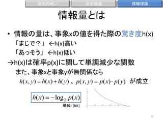 次元の呪い

決定理論

情報理論

情報量とは
• 情報の量は、事象xの値を得た際の驚き度h(x)
「まじで？」 ←h(x)高い
「あっそう」 ←h(x)低い

→h(x)は確率p(x)に関して単調減尐な関数
また、事象xと事象yが無関係なら
h( x, y)  h( x)  h( y) 、 p( x, y)  p( x)  p( y) が成立

h( x)   log 2 p( x)
単位：[bit]
16

 