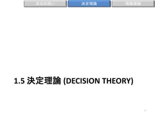 次元の呪い

決定理論

情報理論

1.5 決定理論 (DECISION THEORY)

7

 