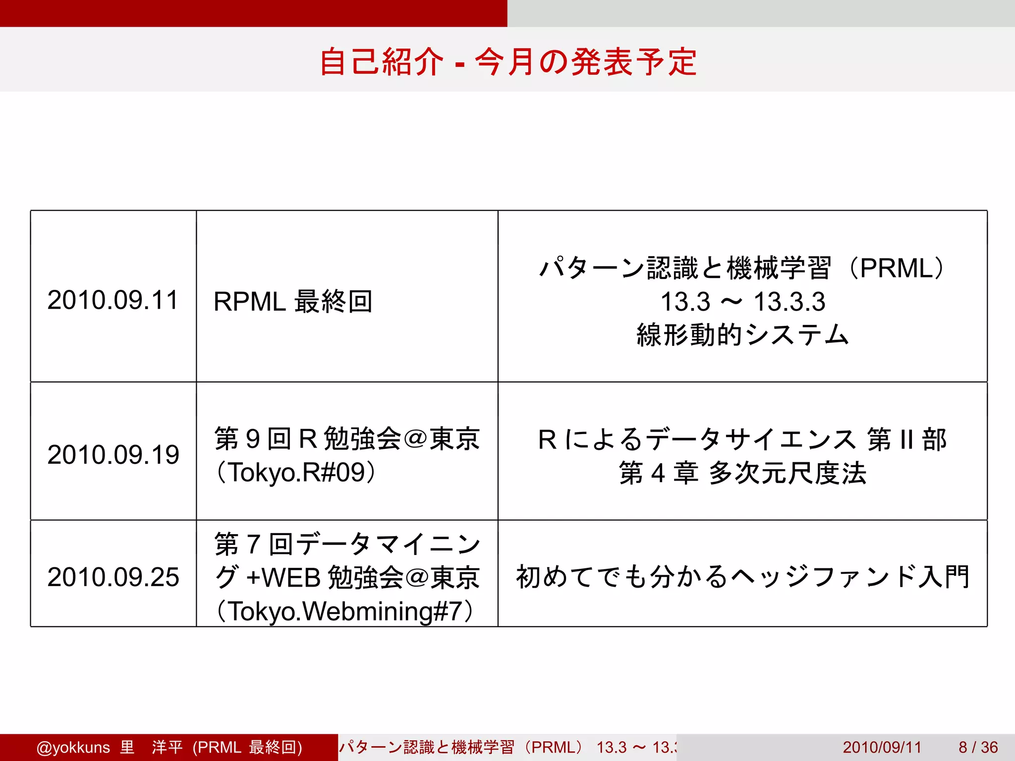 -




                                                                       PRML
 2010.09.11     RPML                                13.3    13.3.3




                  9 R                R                                      II
 2010.09.19
                 Tokyo.R#09                        4

                  7
 2010.09.25       +WEB
                 Tokyo.Webmining#7




@yokkuns      (PRML    )             PRML   13.3   13.3.3            2010/09/11   8 / 36
 