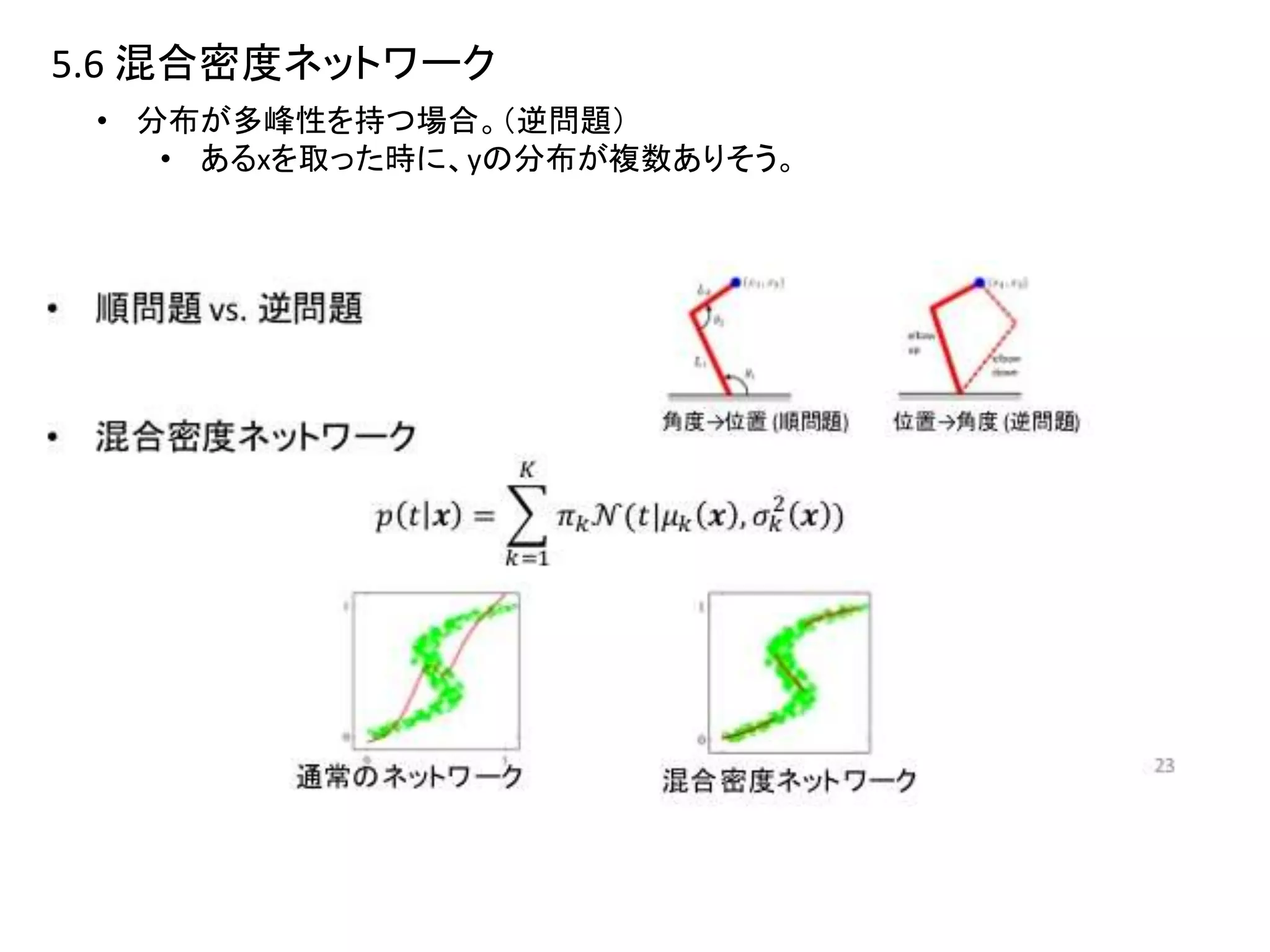 5.6 混合密度ネットワーク
• 分布が多峰性を持つ場合。（逆問題）
• あるxを取った時に、yの分布が複数ありそう。
 