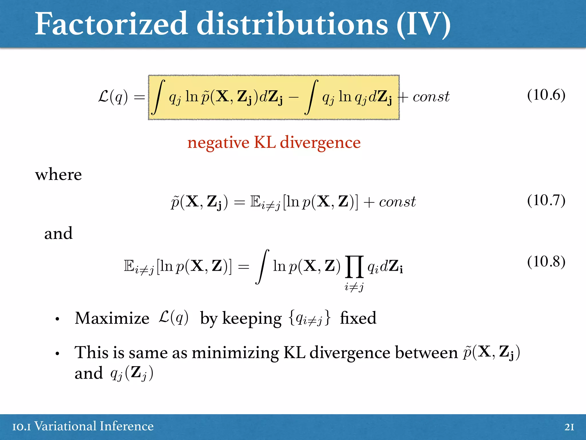Factorized distributions (IV)
10.1 Variational Inference 21
L(q) =
Z
qj ln ˜p(X, Zj)dZj
Z
qj ln qjdZj + const
negative KL divergence
where
˜p(X, Zj) = Ei6=j[ln p(X, Z)] + const
Ei6=j[ln p(X, Z)] =
Z
ln p(X, Z)
Y
i6=j
qidZi
and
• Maximize by keeping ﬁxed
• This is same as minimizing KL divergence between
and
L(q) {qi6=j}
˜p(X, Zj)
qj(Zj)
(10.6)
(10.7)
(10.8)
 