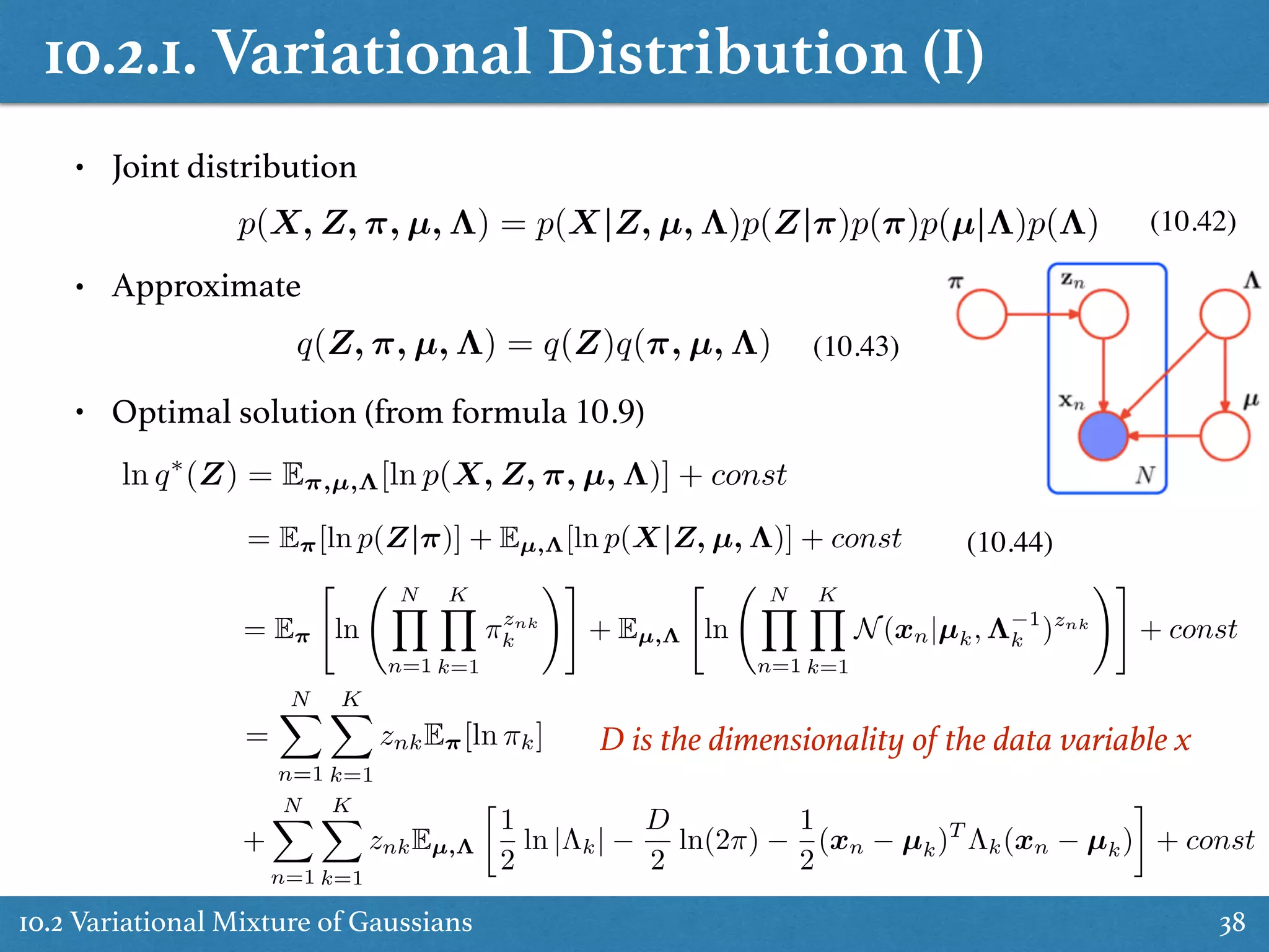 10.2.1. Variational Distribution (I)
10.2 Variational Mixture of Gaussians 38
• Joint distribution
• Approximate
p(X, Z, ⇡, µ, ⇤) = p(X|Z, µ, ⇤)p(Z|⇡)p(⇡)p(µ|⇤)p(⇤)
q(Z, ⇡, µ, ⇤) = q(Z)q(⇡, µ, ⇤)
• Optimal solution (from formula 10.9)
ln q⇤
(Z) = E⇡,µ,⇤[ln p(X, Z, ⇡, µ, ⇤)] + const
= E⇡[ln p(Z|⇡)] + Eµ,⇤[ln p(X|Z, µ, ⇤)] + const
= E⇡
"
ln
NY
n=1
KY
k=1
⇡znk
k
!#
+ Eµ,⇤
"
ln
NY
n=1
KY
k=1
N(xn|µk, ⇤ 1
k )znk
!#
+ const
=
NX
n=1
KX
k=1
znkE⇡[ln ⇡k]
+
NX
n=1
KX
k=1
znkEµ,⇤

1
2
ln |⇤k|
D
2
ln(2⇡)
1
2
(xn µk)T
⇤k(xn µk) + const
(10.42)
(10.43)
(10.44)
D is the dimensionality of the data variable x
 