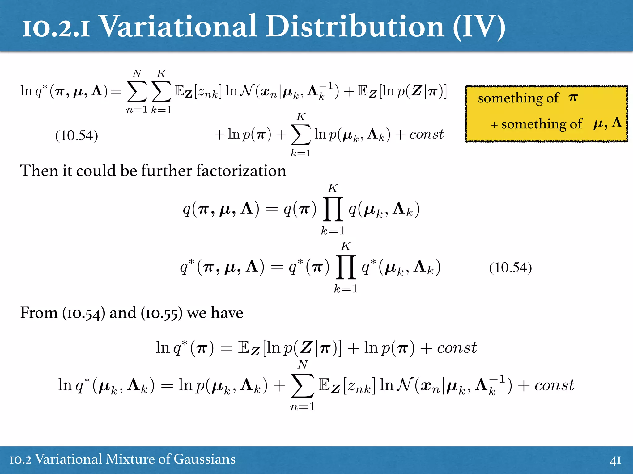 10.2.1 Variational Distribution (IV)
10.2 Variational Mixture of Gaussians 41
=
NX
n=1
KX
k=1
EZ[znk] ln N(xn|µk, ⇤ 1
k ) + EZ[ln p(Z|⇡)]
+ ln p(⇡) +
KX
k=1
ln p(µk, ⇤k) + const
ln q⇤
(⇡, µ, ⇤) ⇡
µ, ⇤
something of
+ something of
Then it could be further factorization
q(⇡, µ, ⇤) = q(⇡)
KY
k=1
q(µk, ⇤k)
q⇤
(⇡, µ, ⇤) = q⇤
(⇡)
KY
k=1
q⇤
(µk, ⇤k)
(10.54)
(10.54)
From (10.54) and (10.55) we have
ln q⇤
(⇡) = EZ[ln p(Z|⇡)] + ln p(⇡) + const
ln q⇤
(µk, ⇤k) = ln p(µk, ⇤k) +
NX
n=1
EZ[znk] ln N(xn|µk, ⇤ 1
k ) + const
 