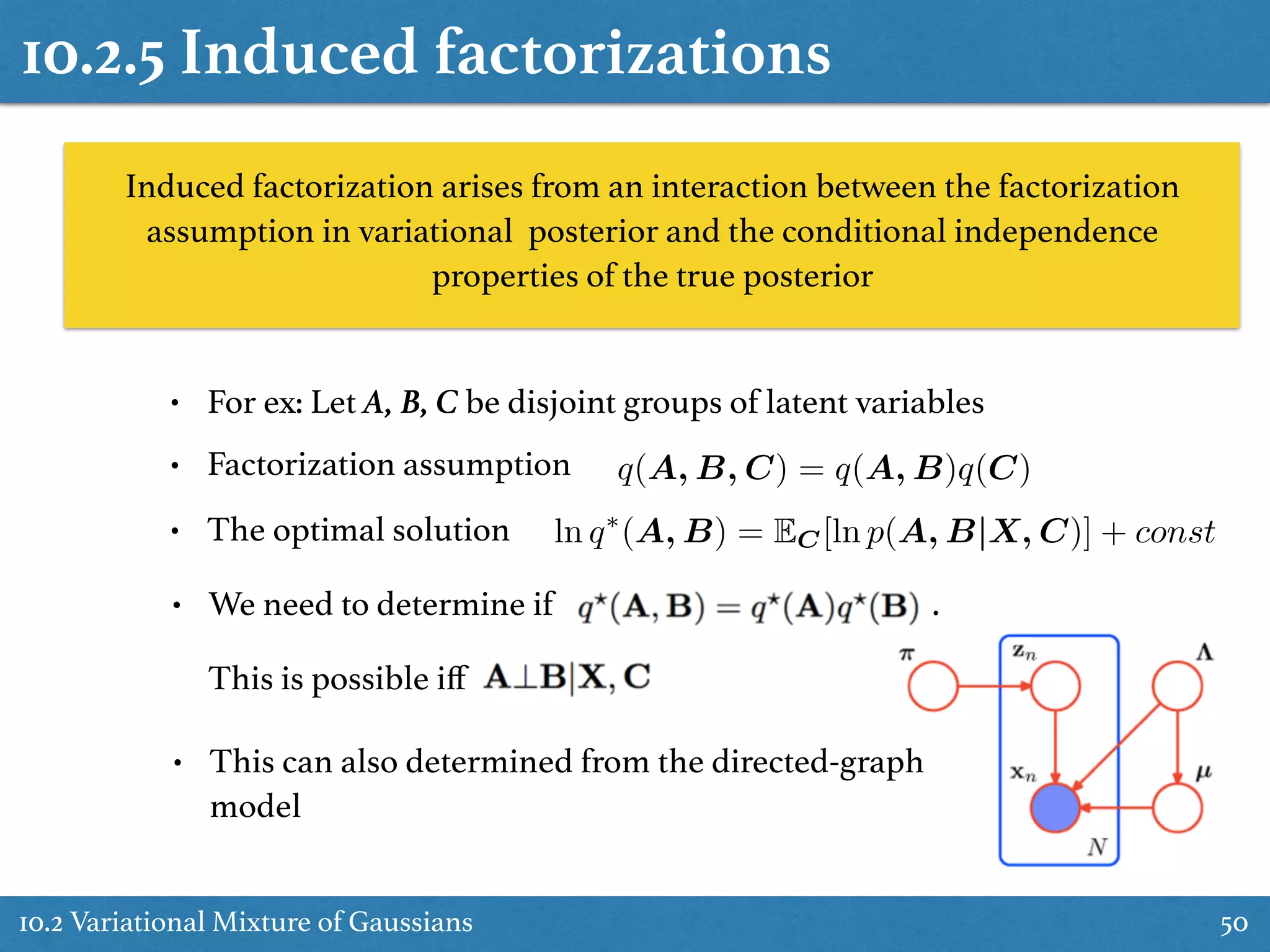 10.2.5 Induced factorizations
10.2 Variational Mixture of Gaussians 50
Induced factorization arises from an interaction between the factorization
assumption in variational posterior and the conditional independence
properties of the true posterior
• For ex: Let A, B, C be disjoint groups of latent variables
• Factorization assumption
• The optimal solution ln q⇤
(A, B) = EC[ln p(A, B|X, C)] + const
q(A, B, C) = q(A, B)q(C)
• We need to determine if .
This is possible iﬀ
• This can also determined from the directed-graph
model
 