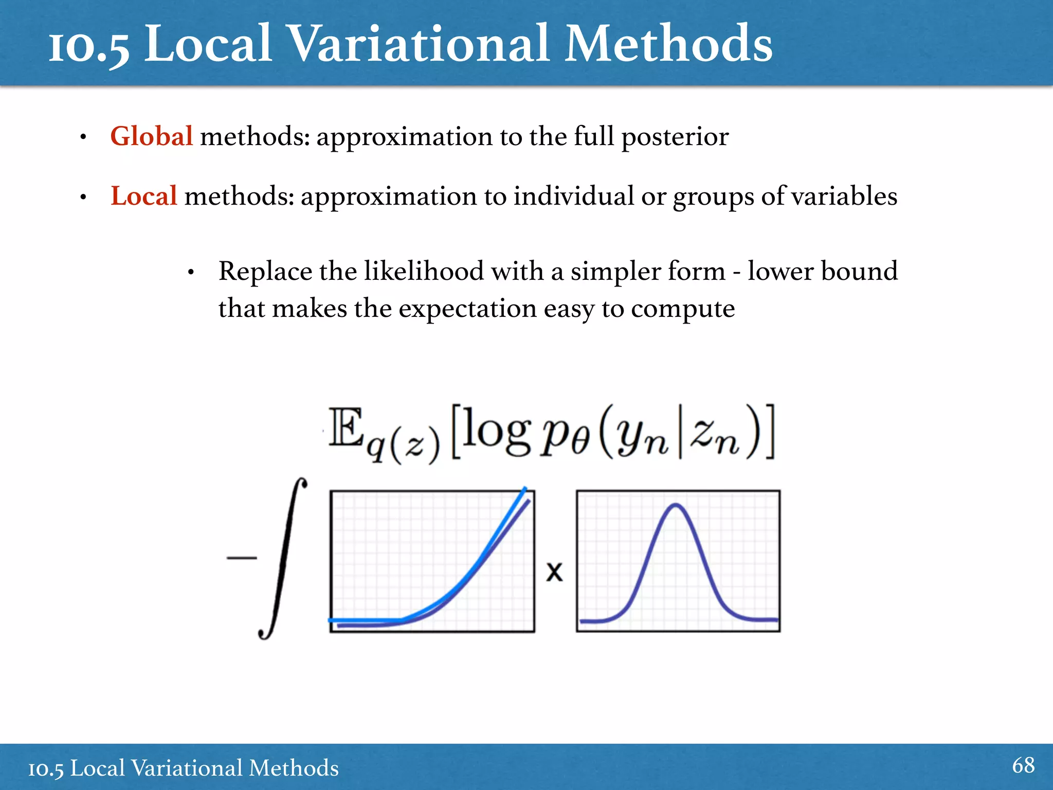 10.5 Local Variational Methods
10.5 Local Variational Methods 68
• Global methods: approximation to the full posterior
• Local methods: approximation to individual or groups of variables
• Replace the likelihood with a simpler form - lower bound
that makes the expectation easy to compute
 