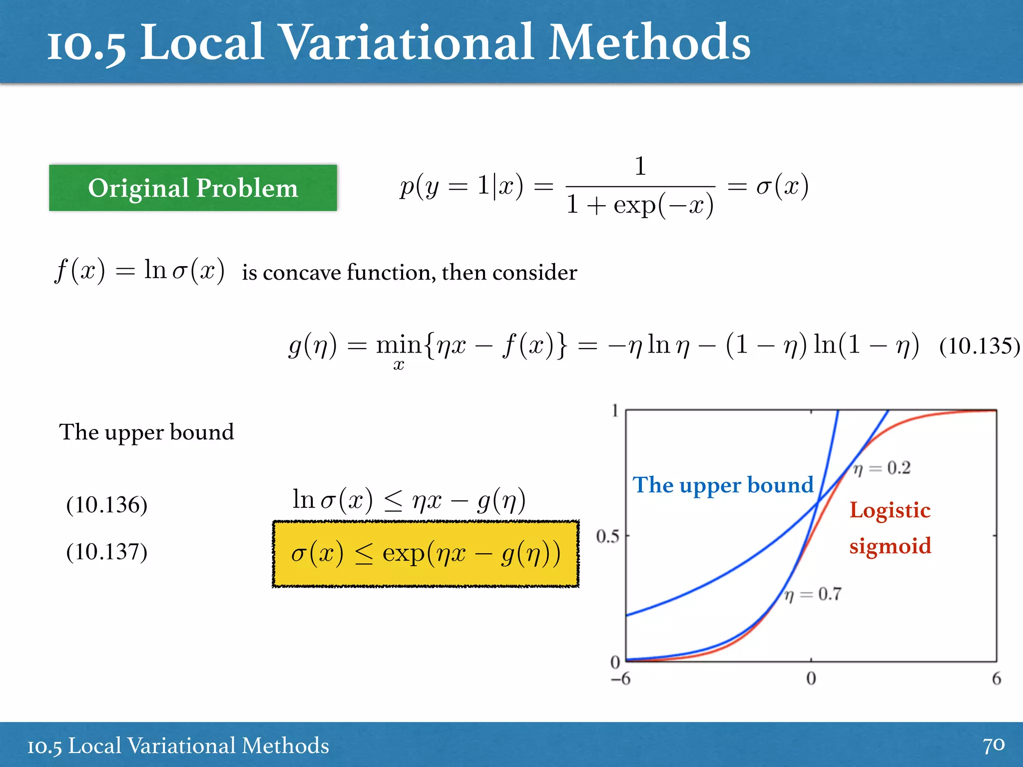 10.5 Local Variational Methods
10.5 Local Variational Methods 70
Original Problem p(y = 1|x) =
1
1 + exp( x)
= (x)
is concave function, then considerf(x) = ln (x)
g(⌘) = min
x
{⌘x f(x)} = ⌘ ln ⌘ (1 ⌘) ln(1 ⌘)
ln (x)  ⌘x g(⌘)
The upper bound
(x)  exp(⌘x g(⌘))
(10.135)
(10.136)
(10.137)
The upper bound
Logistic  
sigmoid
 