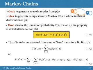 Markov Chains
2511.2 Markov Chain Monte Carlo
(11.40)
• Goal: to generate a set of samples from p(z)
• Idea: to generate samples from a Markov Chain whose invariant
distribution is p(z)
• How: choose the transition probability T( z, z’ ) satisfy the property
of detailed balance for p(z)
p(z)T(z, z0
) = T(z0
, z)p(z0
)
• T( z, z’ ) can be constructed from a set of “base” transitions B1, B2, …,Bk
T(z0
, z) =
KX
k=1
↵kBk(z0
, z)
T(z0
, z) =
X
z1
...
X
zK 1
B1(z0
, z1)...BK 1(zK 2, zK 1)BK(zK 1, z)
or
(11.42)
(11.43)
 