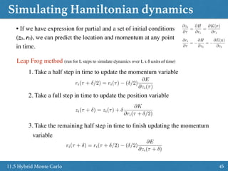 Simulating Hamiltonian dynamics
4511.5 Hybrid Monte Carlo
@ri
@⌧
=
@H
@zi
=
@E(z)
@zi
@zi
@⌧
=
@H
@ri
=
@K(r)
@ri
• If we have expression for partial and a set of initial conditions
(z0, r0), we can predict the location and momentum at any point
in time.
Leap Frog method (run for L steps to simulate dynamics over L x δ units of time)
1. Take a half step in time to update the momentum variable
ri(⌧ + /2) = ri(⌧) ( /2)
@E
@zi(⌧)
zi(⌧ + ) = zi(⌧) +
@K
@ri(⌧ + /2)
2. Take a full step in time to update the position variable
3. Take the remaining half step in time to ﬁnish updating the momentum
variable
ri(⌧ + ) = ri(⌧ + /2) ( /2)
@E
@zi(⌧ + )
 