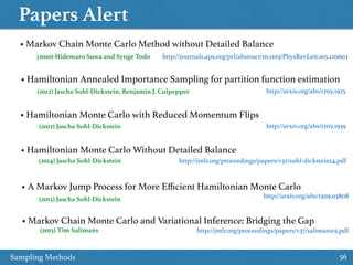 Papers Alert
56Sampling Methods
• Markov Chain Monte Carlo Method without Detailed Balance
http://journals.aps.org/prl/abstract/10.1103/PhysRevLett.105.120603
• Hamiltonian Annealed Importance Sampling for partition function estimation
http://arxiv.org/abs/1205.1925
• Hamiltonian Monte Carlo with Reduced Momentum Flips
(2010) Hidemaro Suwa and Synge Todo
(2012) Jascha Sohl-Dickstein, Benjamin J. Culpepper
(2012) Jascha Sohl-Dickstein http://arxiv.org/abs/1205.1939
http://jmlr.org/proceedings/papers/v32/sohl-dickstein14.pdf
• Hamiltonian Monte Carlo Without Detailed Balance
(2014) Jascha Sohl-Dickstein
• A Markov Jump Process for More Eﬃcient Hamiltonian Monte Carlo
(2015) Jascha Sohl-Dickstein http://arxiv.org/abs/1509.03808
http://jmlr.org/proceedings/papers/v37/salimans15.pdf
• Markov Chain Monte Carlo and Variational Inference: Bridging the Gap
(2015) Tim Salimans
 