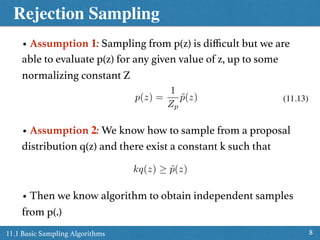 Rejection Sampling
811.1 Basic Sampling Algorithms
• Assumption 1: Sampling from p(z) is diﬃcult but we are
able to evaluate p(z) for any given value of z, up to some
normalizing constant Z
• Assumption 2: We know how to sample from a proposal
distribution q(z) and there exist a constant k such that
p(z) =
1
Zp
˜p(z)
kq(z) ˜p(z)
• Then we know algorithm to obtain independent samples
from p(.)
(11.13)
 