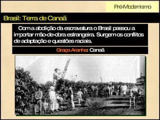 Brasil: Terra de Canaã Com a abolição da escravatura o Brasil passou a importar mão-de-obra estrangeira. Surgem os conflitos de adaptação e questões raciais. Graça Aranha : Canaã Pré-Modernismo 