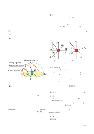 まうといったことが挙げられる．しかしながら，太陽は平行光
源であり，屋外の物体に平等に光を照射しているため，太陽を
光源として用いて照度差ステレオ法を適用することが可能であ
ると考えられる．
そこで，本研究は太陽光を用いて照度差ステレオ法を行うこ
とを目的とする．屋外では雲や大気の影響を受けたり，太陽の
動きが決まっているために撮影できる場所や時間が制限される
が，幅広く用いることが出来るようにするためには制約を出来
るだけ少なくする必要がある．初めに本手法の前提条件につ
いて明示し，本手法のアルゴリズムについて述べる．実験では
CG と屋外の画像について行い，本手法の有効性を示す．
2. 提 案 手 法
2. 1 前 提 条 件
屋外で撮影を行うため，天候や大気の影響が考えられる．本
研究では，太陽の光が照射される必要があるために晴れが望ま
しいが，一時的な曇りがあった場合でも補正を行うために構わ
ない．また，図 1 のように日本においては一年を通して太陽が
南側に昇る．太陽の光が照射される面を撮影するため，撮影で
きる範囲は撮影する物体を原点とした座標系において東から西
まで南を含む半円の任意の方角からとする．また，カメラは地
面と平行に設置する．
図 1 太陽の軌跡
2. 2 手法の流れ
日照時間帯において定点カメラで撮影した画像列を入力とし，
時間変化に伴う輝度変化を用いて面法線ベクトルの算出を行う．
初めに，各画像の撮影日時と物体のある地点の緯度・経度を
利用して太陽の光源方向ベクトルの算出を行い [10]，方位磁石
を用いてカメラの向いている方向を得ることで照度差ステレオ
法で用いる座標系に座標変換を行う．
面法線ベクトルの算出のためには光源の照度が既知であるか
一定である必要があるが，太陽光は雲や大気の影響を受けるた
めに照度が一定であることは少ない．そこで，観測される輝度を
Lambertian モデルと仮定し，画像の各点に対して RANSAC
を用いて照度が異なるものについて補正を行う [11], [12]．
また，一日の太陽の光源方向ベクトルの変化は，一次独立性
が低いために計算で算出した面法線ベクトルには大きな誤差が
含まれている場合がある．そこで，単眼画像の特徴として，写
りうる面法線ベクトルが限られることを利用する．あらかじめ
面法線ベクトルの取りうる範囲を設定し，それぞれの輝度変化
を算出して実画像上の各点の輝度変化と比較し，最も輝度変化
の類似した面法線ベクトルを探索する．
2. 3 光源方向ベクトルの算出
日時と緯度・経度を用いて，図 2 の (a) のように方位に合わ
せた世界座標系における太陽の光源方向ベクトルを算出するこ
とができる．算出した面法線ベクトルから積分を用いて形状推
定を行う場合，カメラ平面を xy 平面に平行にする必要がある
ため，座標系を図 2 の (b) のようにカメラ平面と xy 平面が平
行になっている座標系に変換する必要がある．二つの座標系の
変換行列の成分は，カメラを地面に平行に設置することで，y
軸中心の回転成分のみとなる．これはカメラの向いている方向
を得ることで算出することができる．本手法では，方位磁石を
用いて回転角を得た．
(a) 世界座標系 (b) 本手法の座標系
図 2 座 標 系
2. 4 RANSAC を用いた輝度の補正
観測される輝度 I を Lambertian モデルで表されると仮定す
ると式 (1) のようになる．光源方向の単位ベクトル s と面法線
の単位ベクトル n の二つのベクトルの内積と係数 k で表され
る．実験を通して光源の照度が一定であると仮定することで，
面の反射率と光源の照度の積を係数 k で表すことができる．以
下において係数 k を反射率と呼ぶ．
屋外においては，雲や大気が太陽光を遮ることによって照度
が異なる場合がある．そのため，RANSAC を用いて照度が異
なることに起因する外れ値を検出し，補正を行う必要がある．
I = ks · n (1)
2. 4. 1 用いる輝度の選択
式 (1) において，二つのベクトルの成す角が 90 度以上の場
合は Attached Shadow となり，理論的には負の値をとる．し
かしながら，実画像においては最小値が 0 であるので式 (1) で
表すことができないため，RANSAC で用いるサンプルとして
用いることができない．さらに，屋外においては二次反射や
環境光などの影響から最小値が 0 になることはない．そこで
Attached Shadow の成分をあらかじめ取り除くためにしきい
値を設定し，しきい値以上の輝度をサンプルとして用いる．
2. 4. 2 輝度の補正
RANSAC を用いる場合には以下の定数を決定する必要が
ある．
— 2 —
 