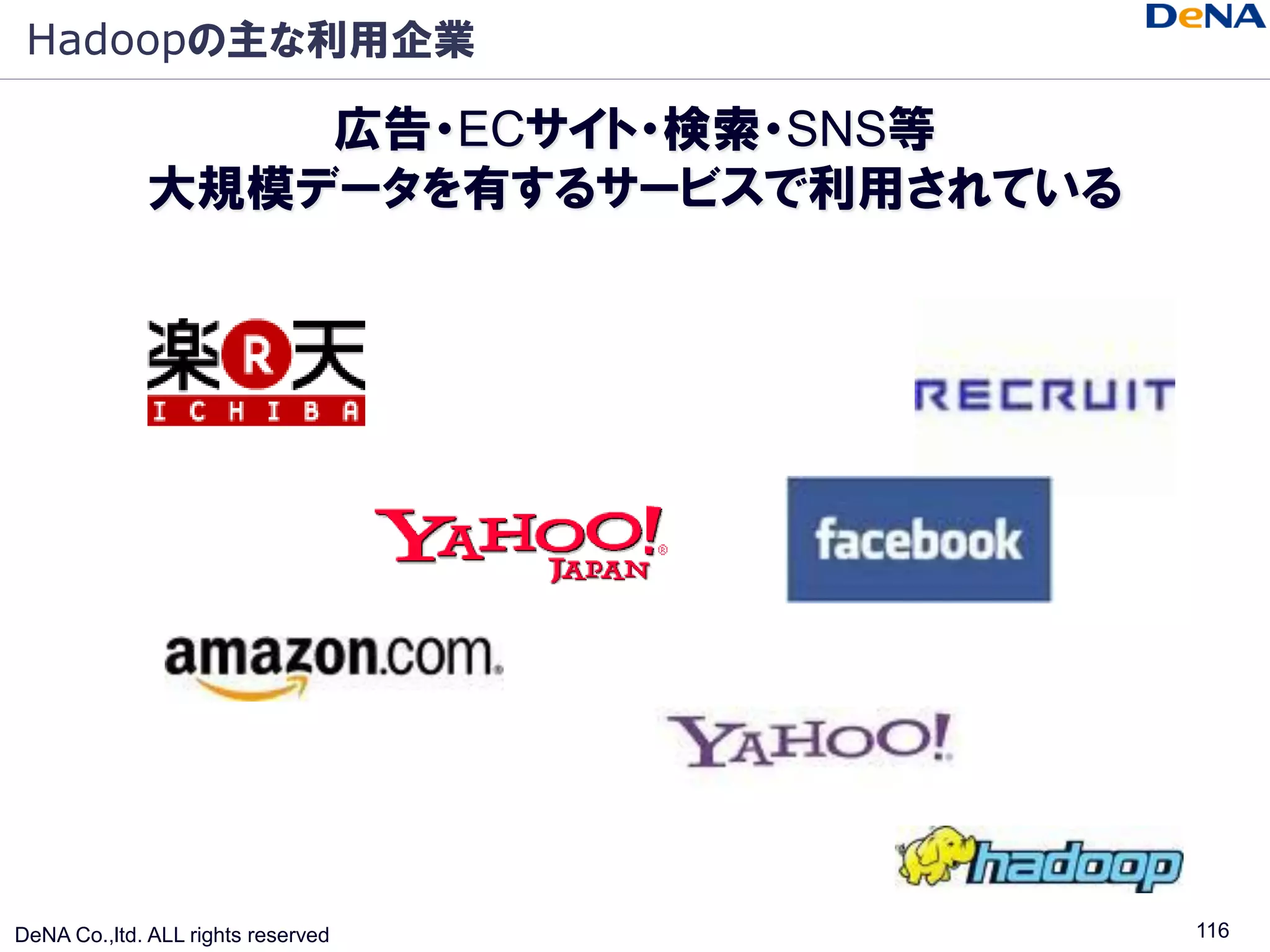 Hadoopの主な利用企業

                 広告・ECサイト・検索・SNS等
             大規模データを有するサービスで利用されている




DeNA Co.,ltd. ALL rights reserved     116
 