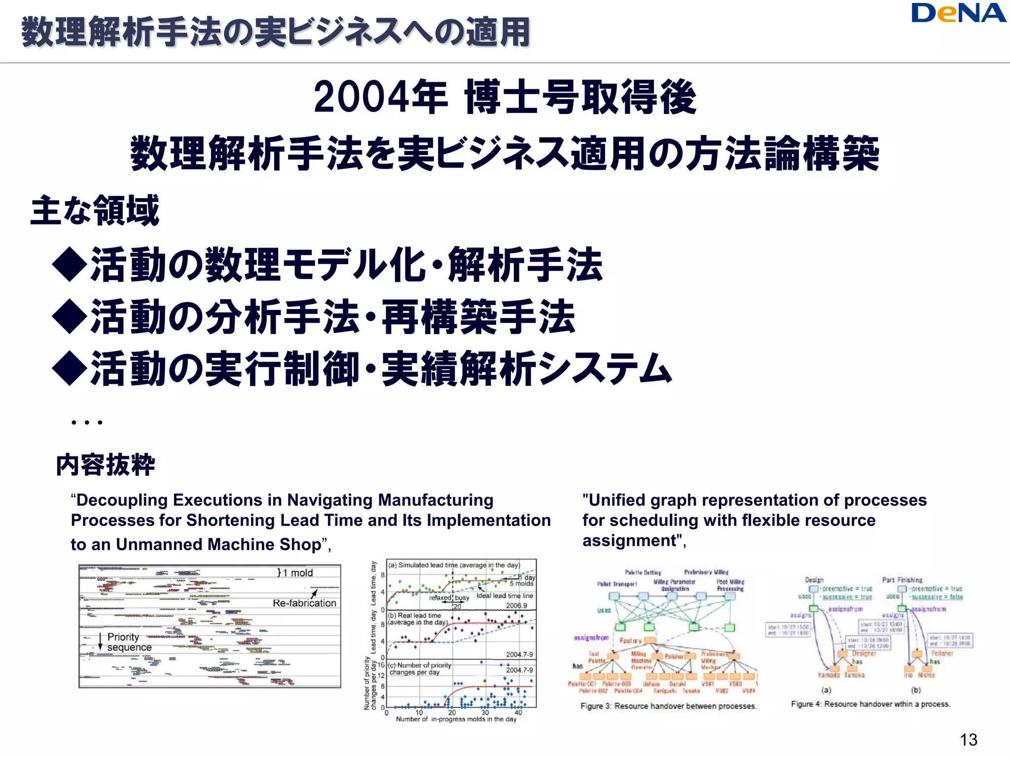 数理解析手法の実ビジネスへの適用
            2004年 博士号取得後
       数理解析手法を実ビジネス適用の方法論構築
主な領域
◆活動の数理モデル化・解析手法
◆活動の分析手法・再構築手法
◆活動の実行制御・実績解析システム
…
 内容抜粋
 “Decoupling Executions in Navigating Manufacturing          "Unified graph representation of processes
 Processes for Shortening Lead Time and Its Implementation   for scheduling with flexible resource
 to an Unmanned Machine Shop”,                               assignment",




                                                                                                          13
 