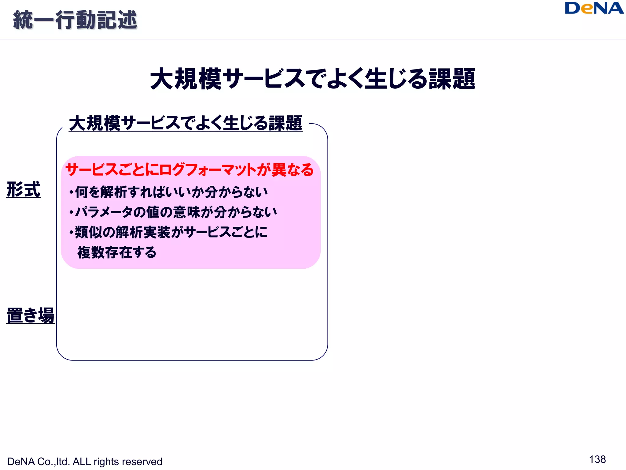 統一行動記述

                              大規模サービスでよく生じる課題
             大規模サービスでよく生じる課題

            サービスごとにログフォーマットが異なる
形式          ・何を解析すればいいか分からない
            ・パラメータの値の意味が分からない
            ・類似の解析実装がサービスごとに
             複数存在する



置き場




DeNA Co.,ltd. ALL rights reserved               138
 