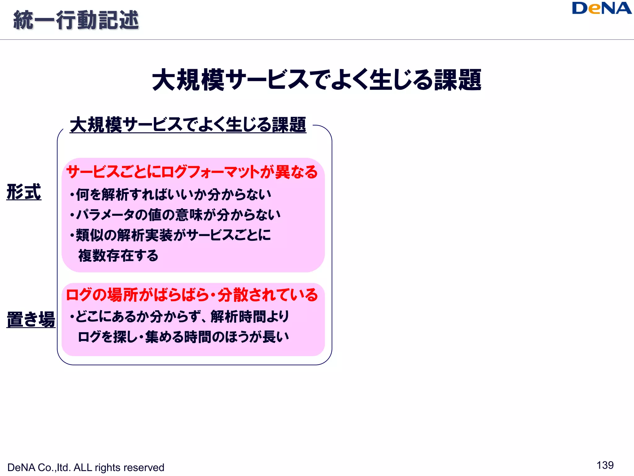 統一行動記述

                              大規模サービスでよく生じる課題
             大規模サービスでよく生じる課題

            サービスごとにログフォーマットが異なる
形式          ・何を解析すればいいか分からない
            ・パラメータの値の意味が分からない
            ・類似の解析実装がサービスごとに
             複数存在する

            ログの場所がばらばら・分散されている
置き場         ・どこにあるか分からず、解析時間より
             ログを探し・集める時間のほうが長い




DeNA Co.,ltd. ALL rights reserved               139
 