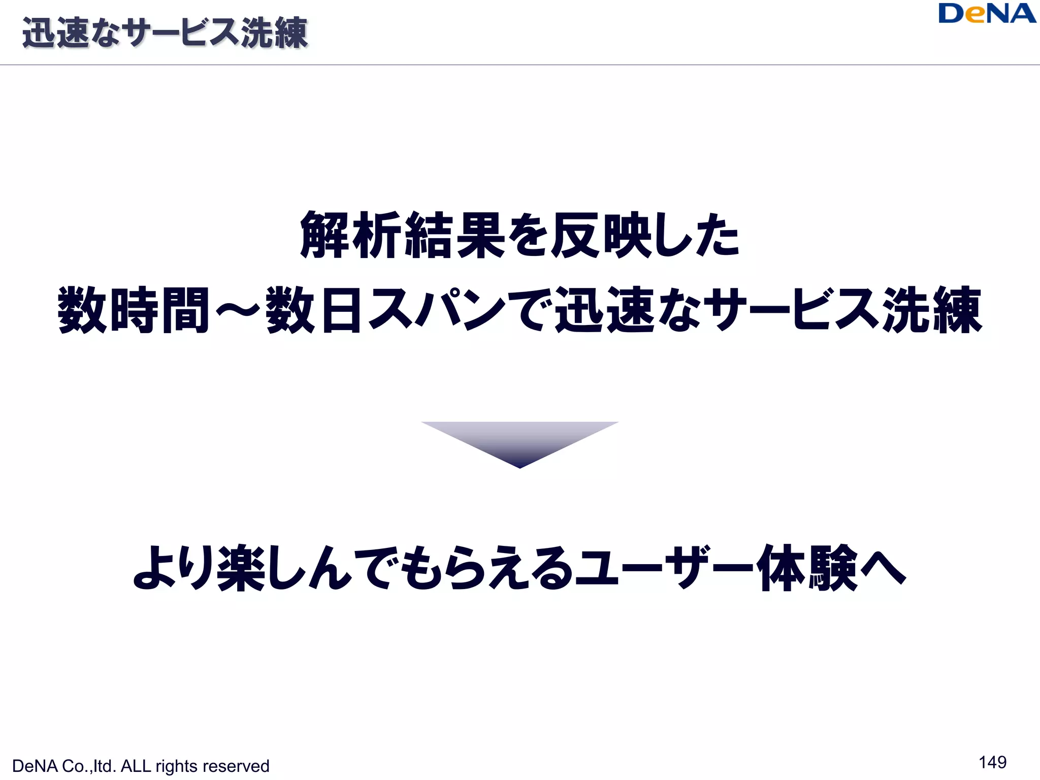 迅速なサービス洗練




          解析結果を反映した
     数時間～数日スパンで迅速なサービス洗練



               より楽しんでもらえるユーザー体験へ


DeNA Co.,ltd. ALL rights reserved   149
 