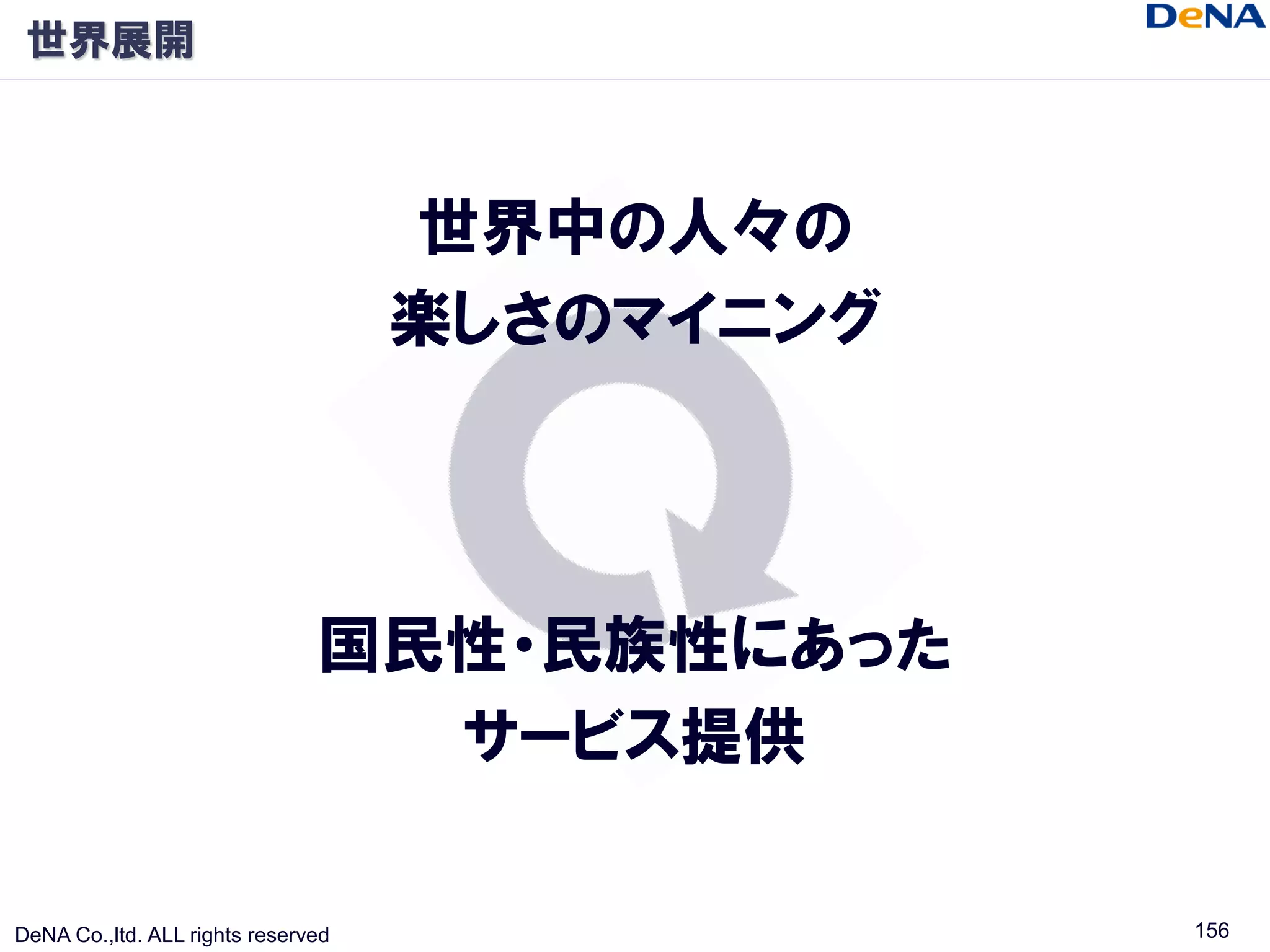 世界展開



                                    世界中の人々の
                                    楽しさのマイニング




                               国民性・民族性にあった
                                 サービス提供

DeNA Co.,ltd. ALL rights reserved               156
 