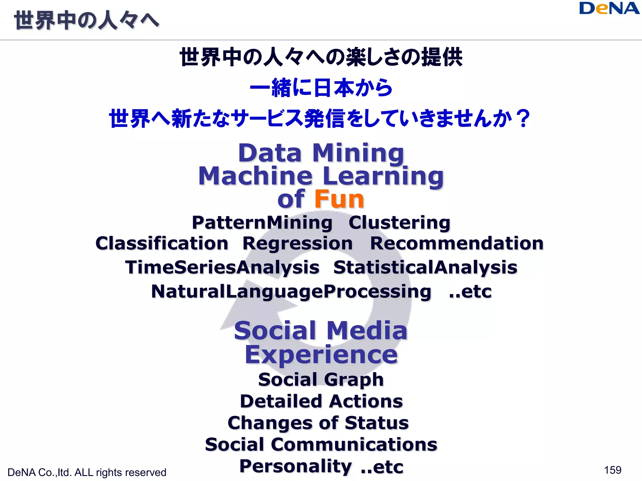 世界中の人々へ
                       世界中の人々への楽しさの提供
                           一緒に日本から
                    世界へ新たなサービス発信をしていきませんか？
                                      Data Mining
                                    Machine Learning
                                         of Fun
                            PatternMining Clustering
                  Classification Regression Recommendation
                     TimeSeriesAnalysis StatisticalAnalysis
                        NaturalLanguageProcessing ..etc

                                      Social Media
                                       Experience
                                         Social Graph
                                       Detailed Actions
                                      Changes of Status
                                    Social Communications
DeNA Co.,ltd. ALL rights reserved      Personality ..etc      159
 