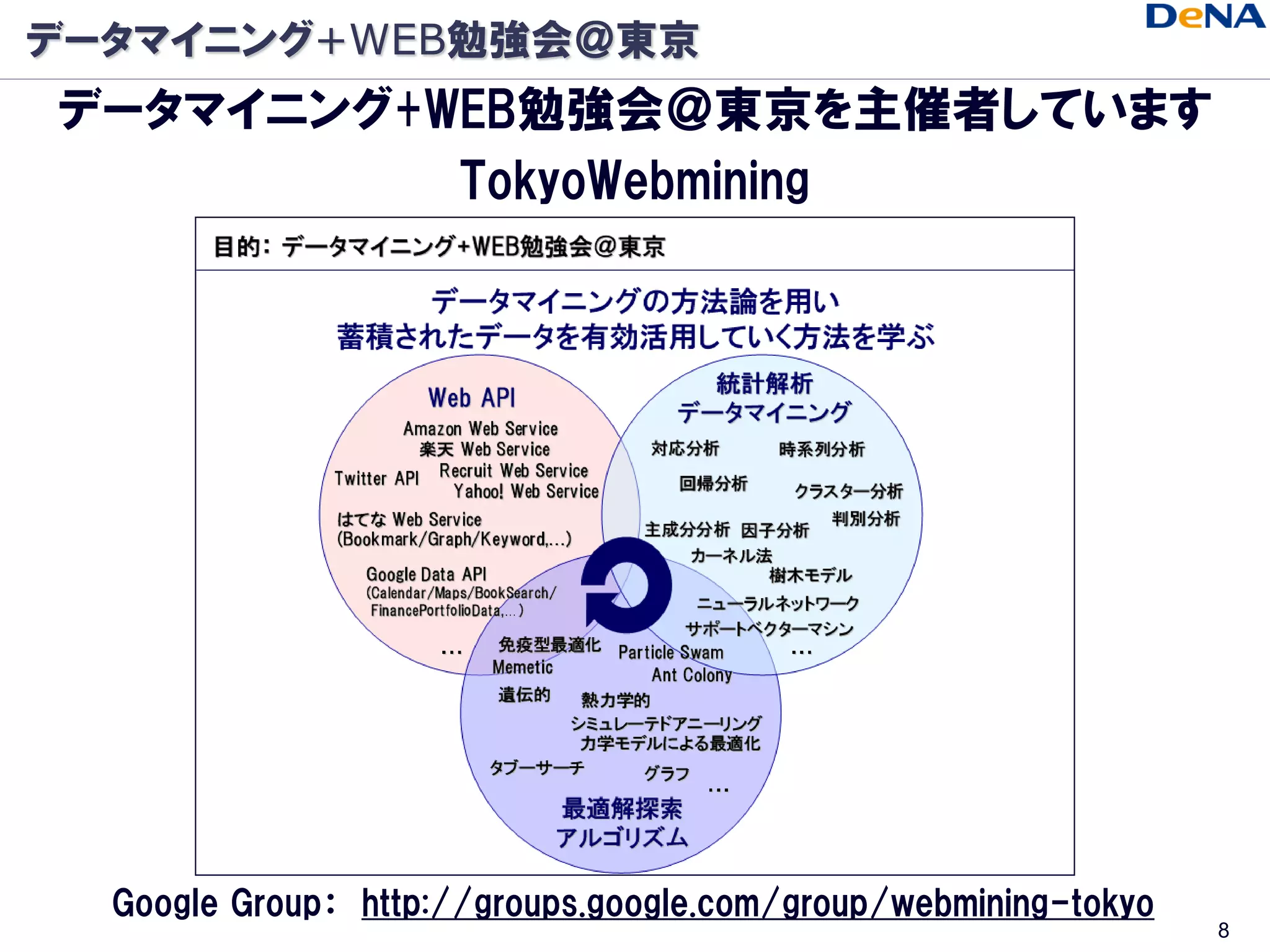 データマイニング+WEB勉強会＠東京
データマイニング+WEB勉強会＠東京を主催者しています
          TokyoWebmining




  Google Group： http://groups.google.com/group/webmining-tokyo
                                                                 8
 