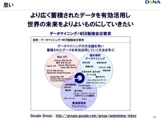 思い
     より広く蓄積されたデータを有効活用し
     世界の未来をよりよいものにしていきたい
               データマイニング+WEB勉強会＠東京




     Google Group： http://groups...