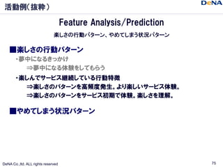 活動例（抜粋）

                                    Feature Analysis/Prediction
                              楽しさの行動パターン、やめてしまう状況...