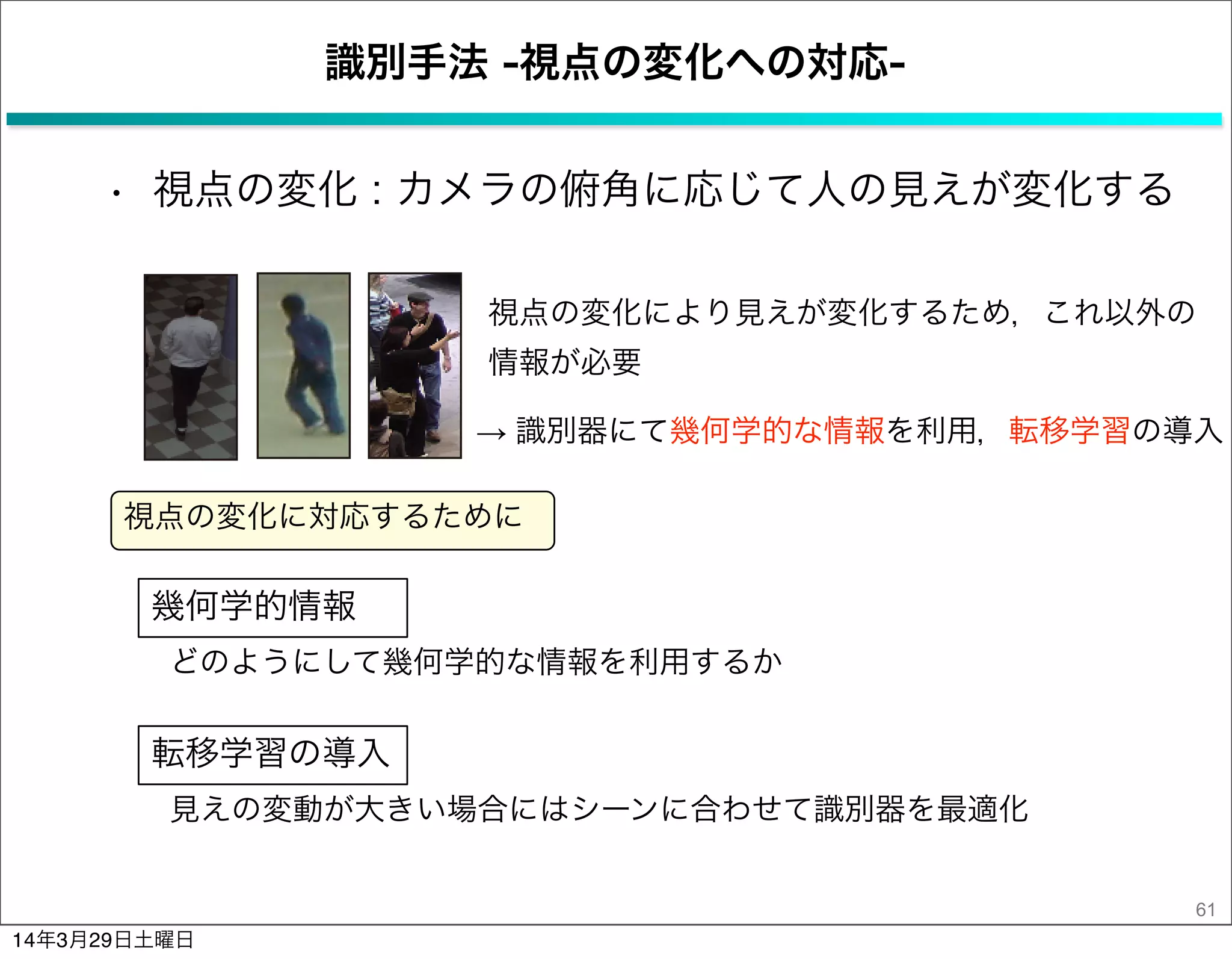 識別手法 -視点の変化への対応-
• 視点の変化 : カメラの俯角に応じて人の見えが変化する
61
視点の変化により見えが変化するため，これ以外の
情報が必要
視点の変化に対応するために
幾何学的情報
どのようにして幾何学的な情報を利用するか
→ 識別器にて幾何学的な情報を利用，転移学習の導入
転移学習の導入
見えの変動が大きい場合にはシーンに合わせて識別器を最適化
14年3月29日土曜日
 