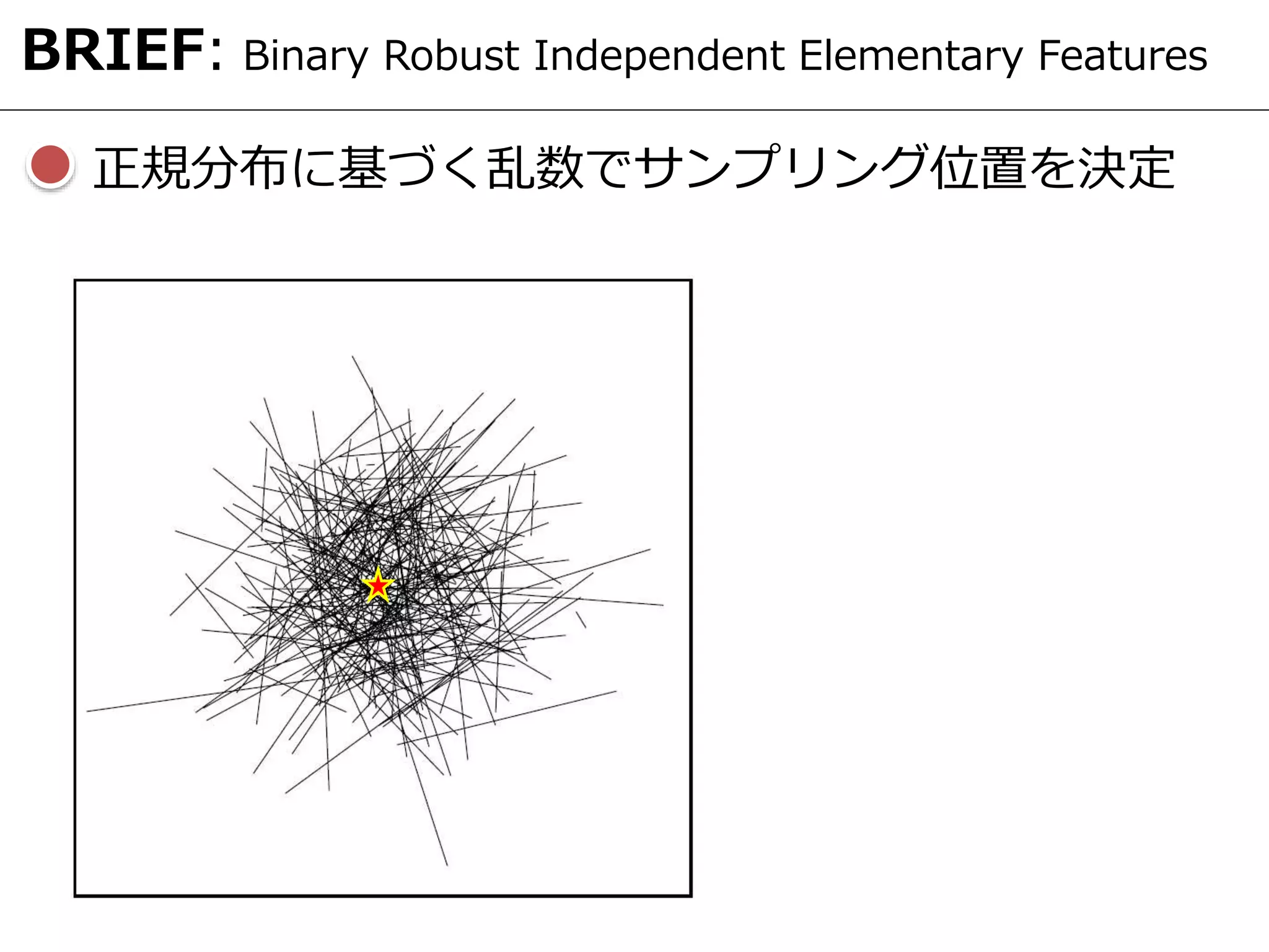 BRIEF: Binary Robust Independent Elementary Features
正規分布に基づく乱数でサンプリング位置を決定
 