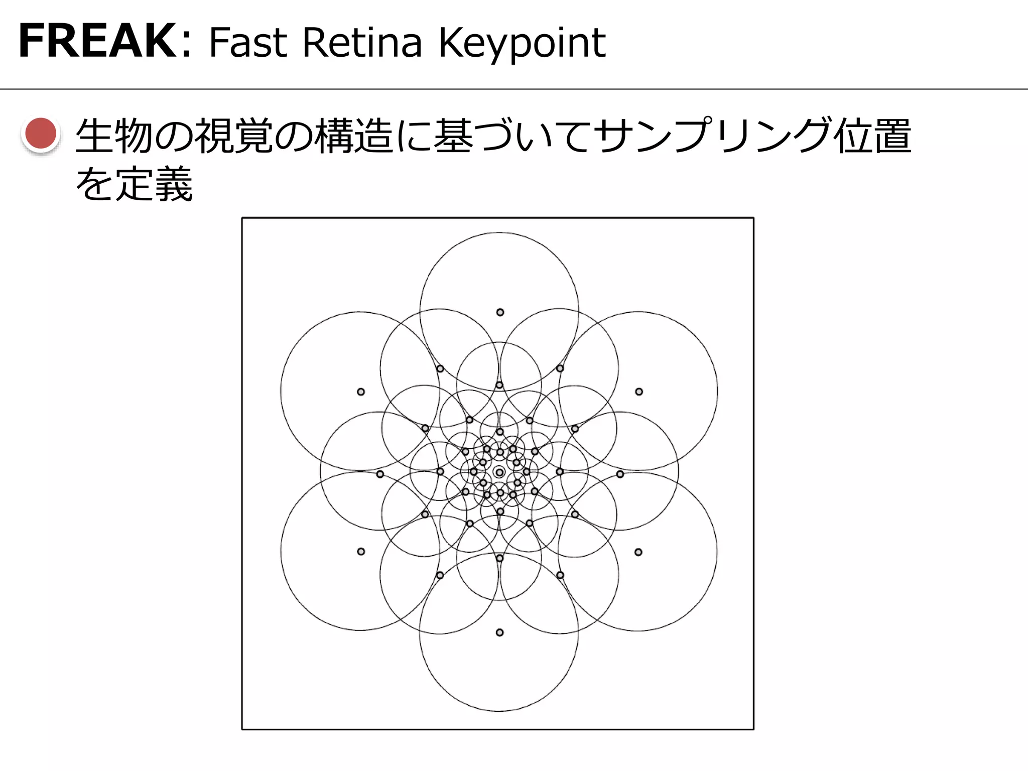 FREAK: Fast Retina Keypoint
生物の視覚の構造に基づいてサンプリング位置
を定義
 