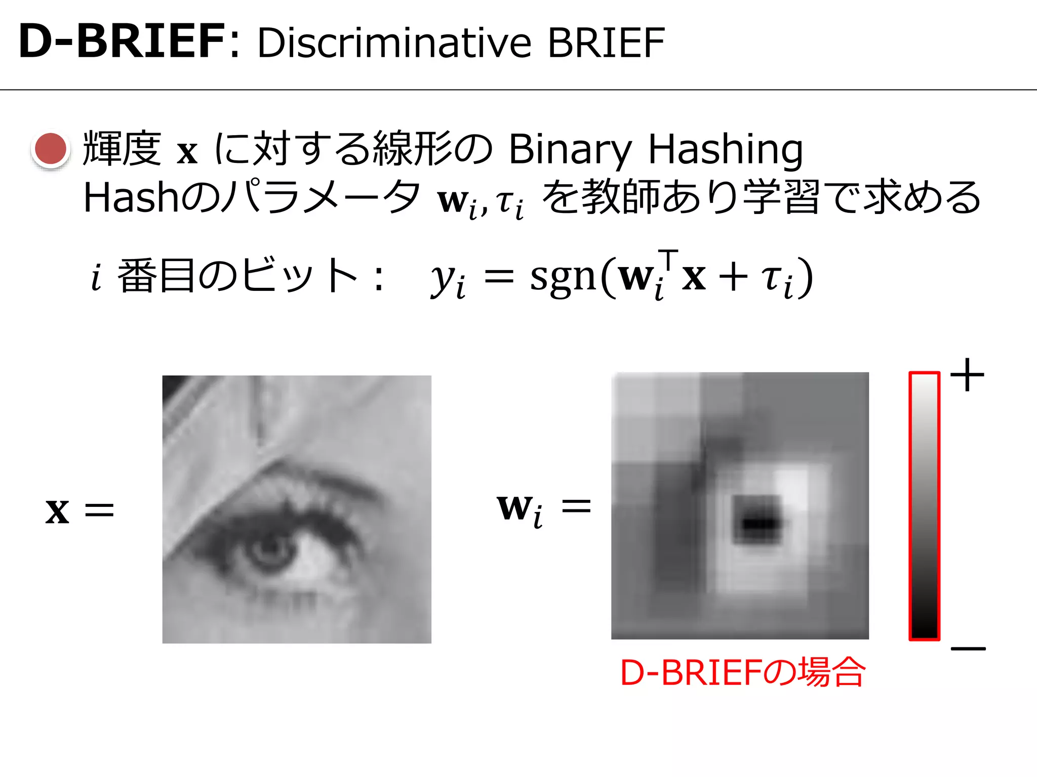 D-BRIEF: Discriminative BRIEF
輝度 𝐱 に対する線形の Binary Hashing
Hashのパラメータ 𝐰𝑖, 𝜏𝑖 を教師あり学習で求める
𝐱 =
𝑦𝑖 = sgn(𝐰𝑖
⊤
𝐱 + 𝜏𝑖)𝑖 番目のビット：
𝐰𝑖 =
―
＋
D-BRIEFの場合
 