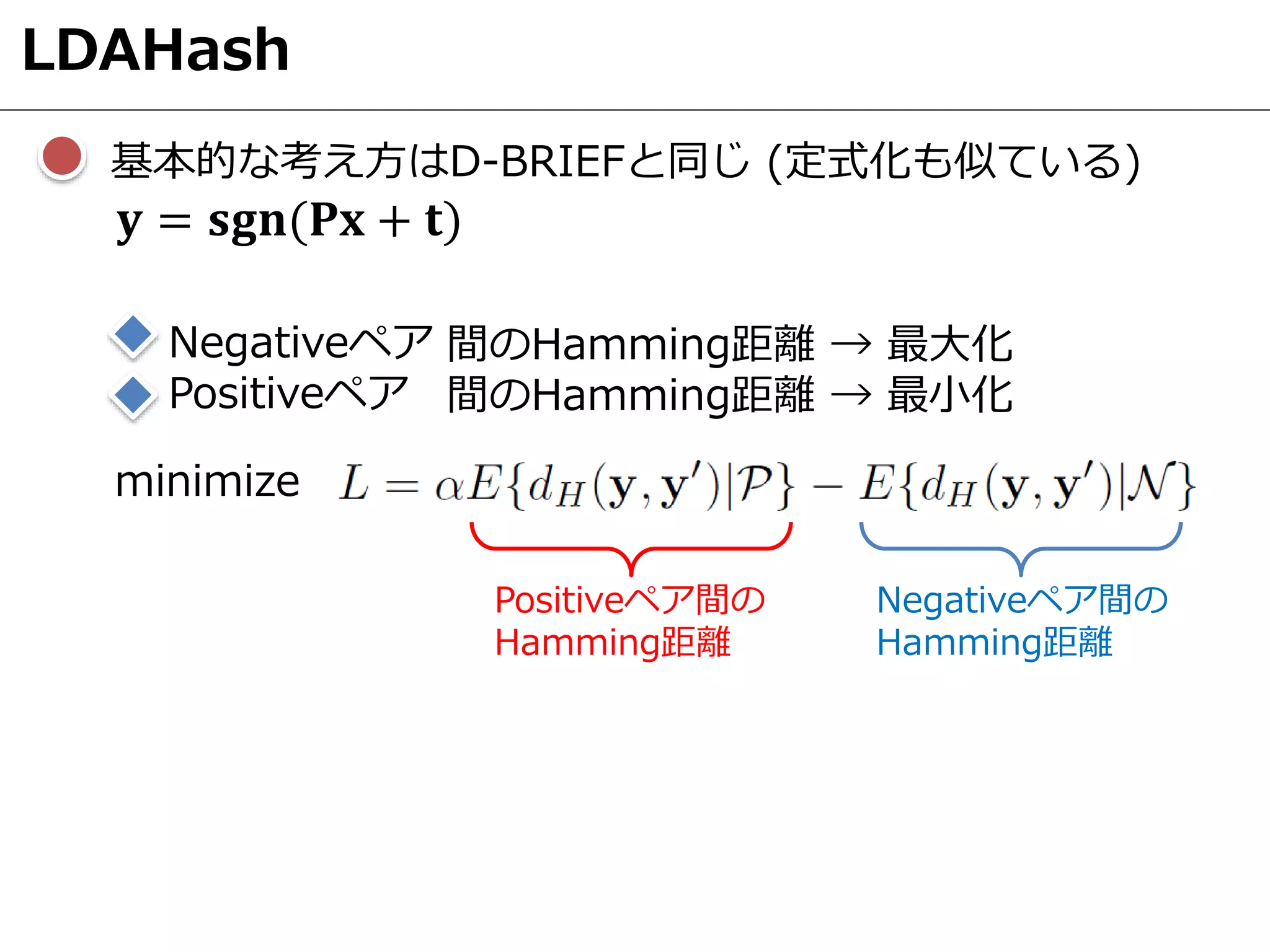 LDAHash
間のHamming距離 → 最大化
間のHamming距離 → 最小化
Negativeペア
Positiveペア
基本的な考え方はD-BRIEFと同じ (定式化も似ている)
Positiveペア間の
Hamming距離
Negativeペア間の
Hamming距離
minimize
𝐲 = 𝐬𝐠𝐧(𝐏𝐱 + 𝐭)
 