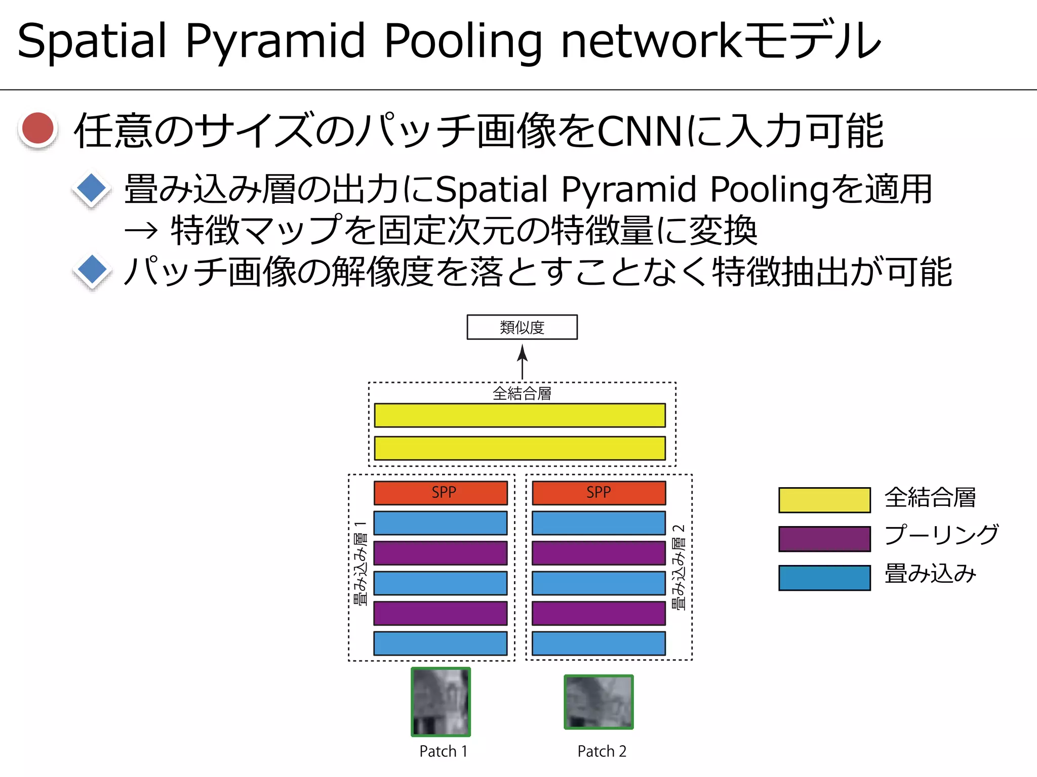 Spatial Pyramid Pooling networkモデル
任意のサイズのパッチ画像をCNNに入力可能
畳み込み層の出力にSpatial Pyramid Poolingを適用
→ 特徴マップを固定次元の特徴量に変換
パッチ画像の解像度を落とすことなく特徴抽出が可能
全結合層
プーリング
畳み込み
 