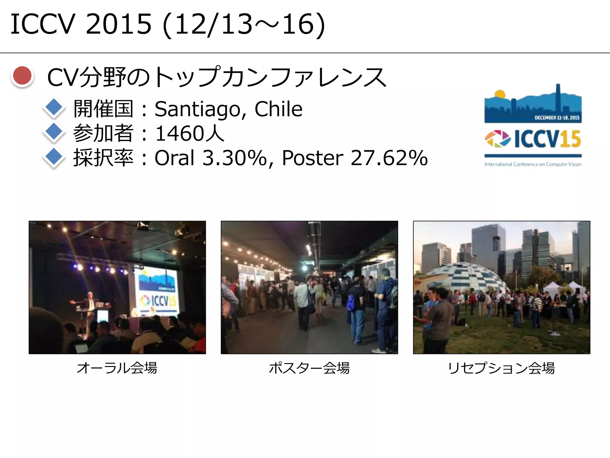 ICCV 2015 (12/13～16)
CV分野のトップカンファレンス
開催国：Santiago, Chile
参加者：1460人
採択率：Oral 3.30%, Poster 27.62%
オーラル会場 ポスター会場 リセプション会場
 