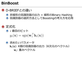 BinBoost
D-BRIEFとの違い
非線形の弱識別器の出力 + 線形のBinary Hashing
弱識別器の選択方法としてBoostingの考え方を応用
𝑖 番目のビット
𝐡𝑖 𝐱 : K個の弱識別器の出力（K次元のベクトル）
𝐰𝑖: 重みベクトル
定式化
求めたいパラメータ
 
