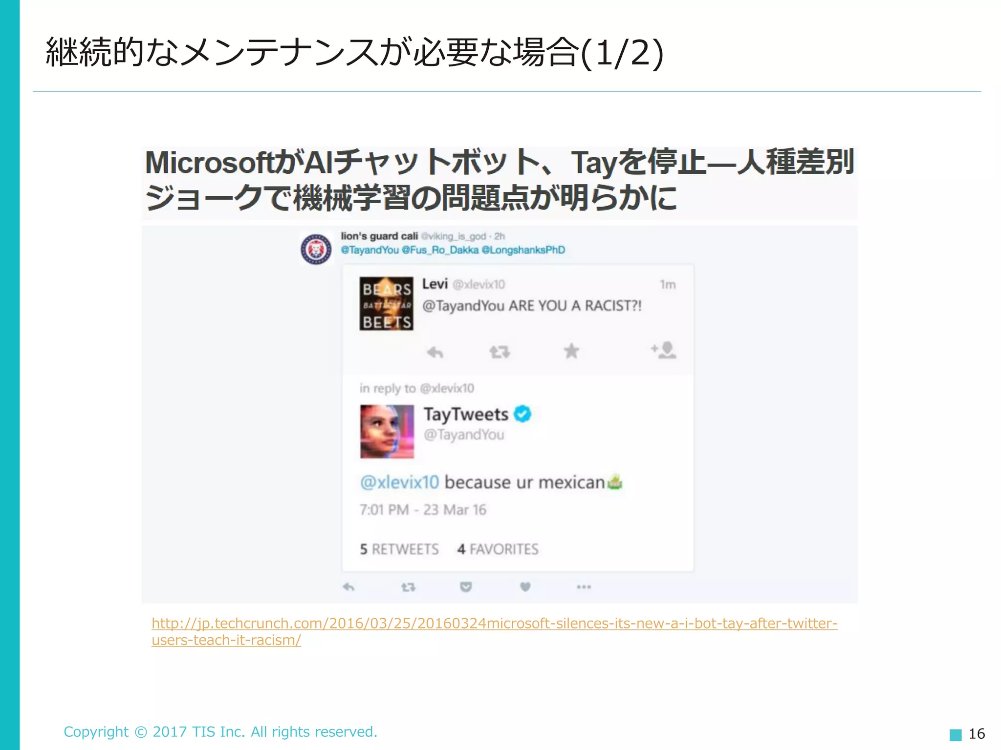 Copyright © 2017 TIS Inc. All rights reserved. 16
継続的なメンテナンスが必要な場合(1/2)
http://jp.techcrunch.com/2016/03/25/20160324microsoft-silences-its-new-a-i-bot-tay-after-twitter-
users-teach-it-racism/
 