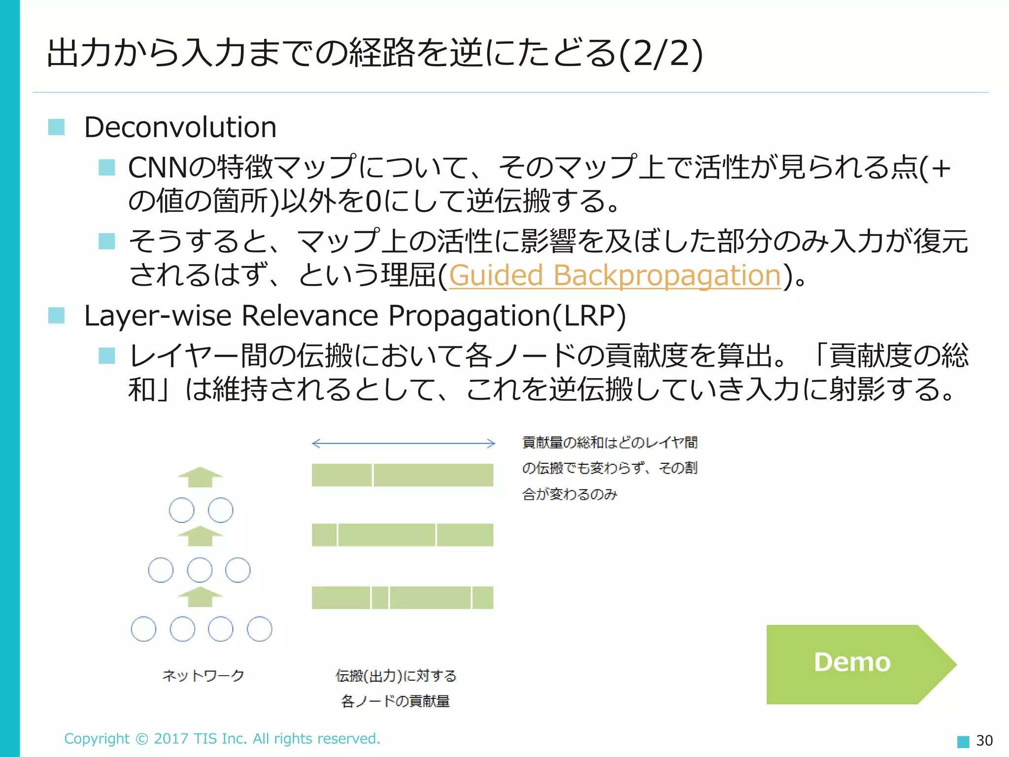 Copyright © 2017 TIS Inc. All rights reserved. 30
出力から入力までの経路を逆にたどる(2/2)
 Deconvolution
 CNNの特徴マップについて、そのマップ上で活性が見られる点(+
の値の箇所)以外を0にして逆伝搬する。
 そうすると、マップ上の活性に影響を及ぼした部分のみ入力が復元
されるはず、という理屈(Guided Backpropagation)。
 Layer-wise Relevance Propagation(LRP)
 レイヤー間の伝搬において各ノードの貢献度を算出。「貢献度の総
和」は維持されるとして、これを逆伝搬していき入力に射影する。
Demo
 