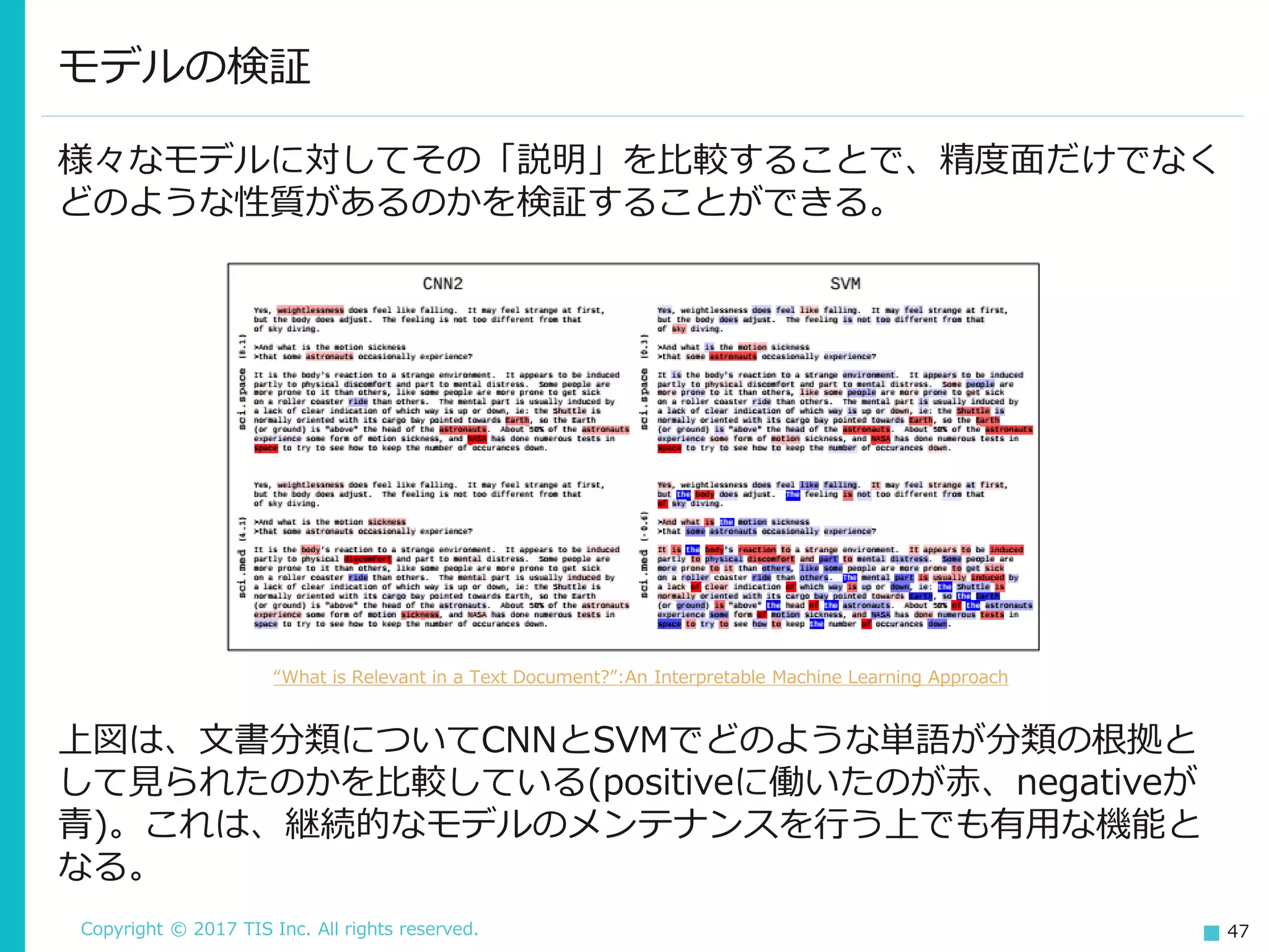 Copyright © 2017 TIS Inc. All rights reserved. 47
様々なモデルに対してその「説明」を比較することで、精度面だけでなく
どのような性質があるのかを検証することができる。
モデルの検証
“What is Relevant in a Text Document?”:An Interpretable Machine Learning Approach
上図は、文書分類についてCNNとSVMでどのような単語が分類の根拠と
して見られたのかを比較している(positiveに働いたのが赤、negativeが
青)。これは、継続的なモデルのメンテナンスを行う上でも有用な機能と
なる。
 