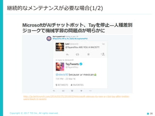 Copyright © 2017 TIS Inc. All rights reserved. 16
継続的なメンテナンスが必要な場合(1/2)
http://jp.techcrunch.com/2016/03/25/20160324microsoft-silences-its-new-a-i-bot-tay-after-twitter-
users-teach-it-racism/
 