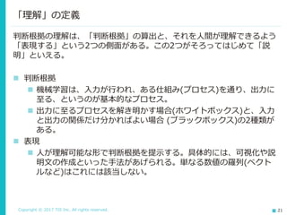 Copyright © 2017 TIS Inc. All rights reserved. 21
判断根拠の理解は、「判断根拠」の算出と、それを人間が理解できるよう
「表現する」という2つの側面がある。この2つがそろってはじめて「説
明」といえる。
 判断根拠
 機械学習は、入力が行われ、ある仕組み(プロセス)を通り、出力に
至る、というのが基本的なプロセス。
 出力に至るプロセスを解き明かす場合(ホワイトボックス)と、入力
と出力の関係だけ分かればよい場合 (ブラックボックス)の2種類が
ある。
 表現
 人が理解可能な形で判断根拠を提示する。具体的には、可視化や説
明文の作成といった手法があげられる。単なる数値の羅列(ベクト
ルなど)はこれには該当しない。
「理解」の定義
 