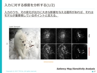 Copyright © 2017 TIS Inc. All rights reserved. 27
入力のうち、その変化が出力に大きな影響を与える箇所があれば、それは
モデルが重要視しているポイントと言える。
入力に対する感度を分析する(1/2)
SMOOTHGRAD
Saliency Map/Sensitivity Analysis
 