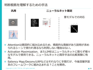 Copyright © 2017 TIS Inc. All rights reserved. 36
 Attentionは意図的に組み込めるため、精度的な貢献があり説明が求め
られるシーンで使われ得るなら利用しない理由はない。
 Activation Maximization、またLIMEはニューラルネットに限らず様々
なモデルで使用できる。ニューラルネットと既存手法の比較実験に有
用。
 Saliency Map/Deconv/LRPなどはそれなりに手間だが、今後深層学習
系のフレームワークに組み込まれる？ことを期待。
判断根拠を理解するための手法
汎用 ニューラルネット限定
要モデルでの対応
 