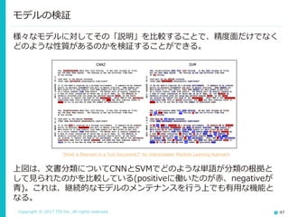 Copyright © 2017 TIS Inc. All rights reserved. 47
様々なモデルに対してその「説明」を比較することで、精度面だけでなく
どのような性質があるのかを検証することができる。
モデルの検証
“What is Relevant in a Text Document?”:An Interpretable Machine Learning Approach
上図は、文書分類についてCNNとSVMでどのような単語が分類の根拠と
して見られたのかを比較している(positiveに働いたのが赤、negativeが
青)。これは、継続的なモデルのメンテナンスを行う上でも有用な機能と
なる。
 