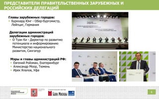 6
Главы зарубежных городов:
 Буркхард Юнг - Обер-бургомистр,
Лейпциг, Германия
Мэры и главы администраций РФ:
 Евгений Ройзман, Екатеринбург
 Александр Моор, Тюмень
 Ирек Ялалов, Уфа
Делегации администраций
зарубежных городов:
 О Туан Ки - Директор по развитию
потенциала и информированию
Министерство национального
развития, Сингапур
ПРЕДСТАВИТЕЛИ ПРАВИТЕЛЬСТВЕННЫХ ЗАРУБЕЖНЫХ И
РОССИЙСКИХ ДЕЛЕГАЦИЙ
 