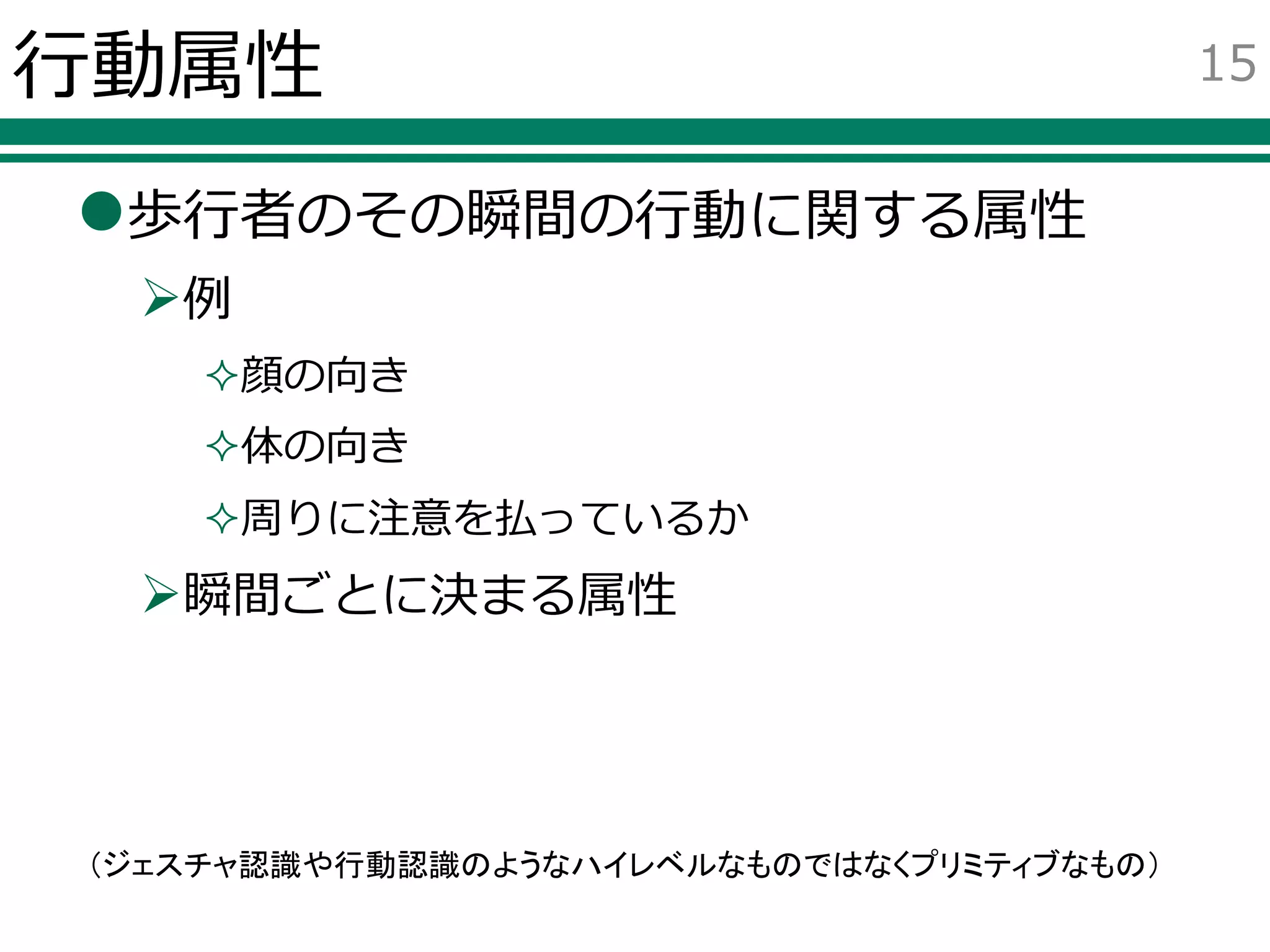 行動属性
歩行者のその瞬間の行動に関する属性
例
顔の向き
体の向き
周りに注意を払っているか
瞬間ごとに決まる属性
15
（ジェスチャ認識や行動認識のようなハイレベルなものではなくプリミティブなもの）
 